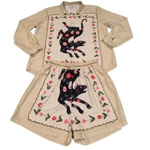 Hausen Panther Floral Scallop Shirt and Shorts Two Piece Set Cream Small